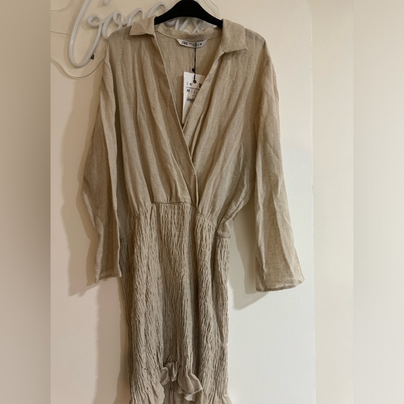 Zara Linen Beige Long Sleeve Dress NWT - Picture 1 of 3